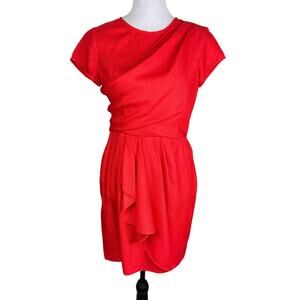 Julie Dillon Red Orange Textured Satin Crossover Sash Short Sleeve Sheath Dress